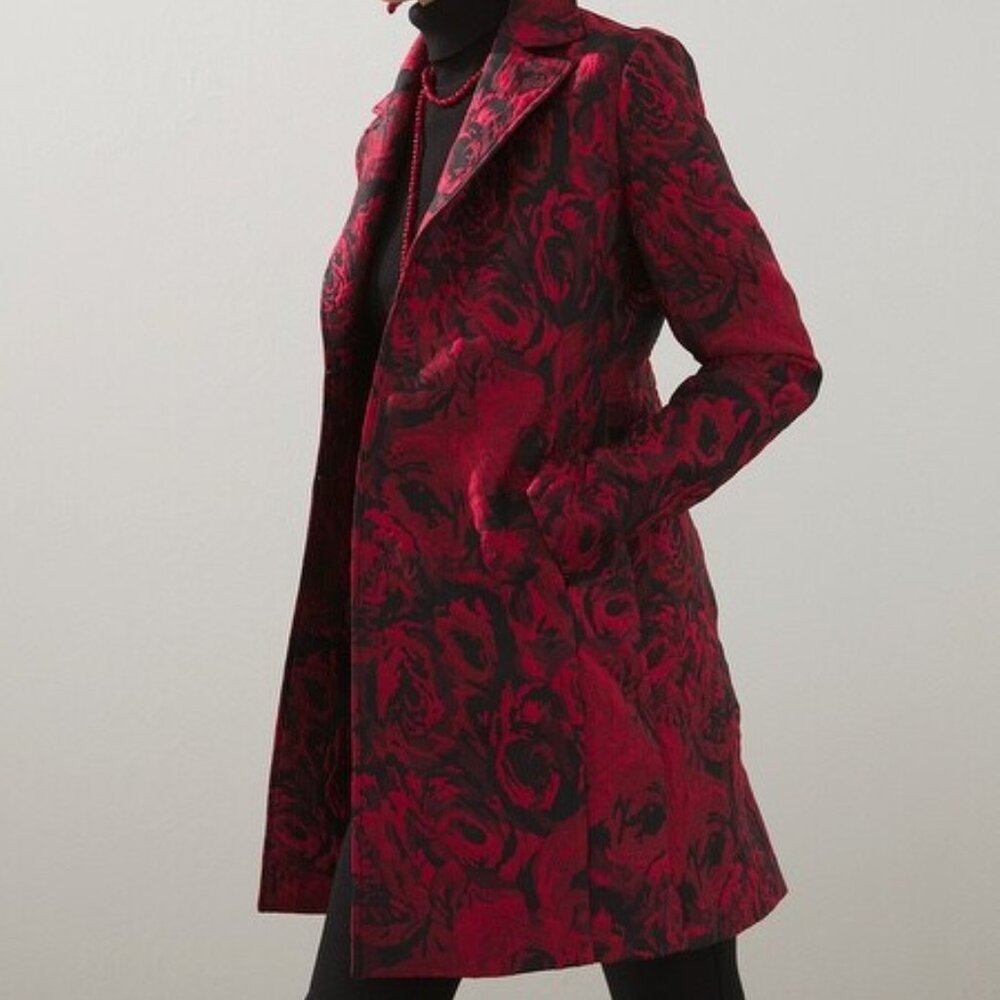 CHICO'S PETITE RED ROSE JACQUARD TOPPER JACKET STUNNING STATEMENT PIECE  OP